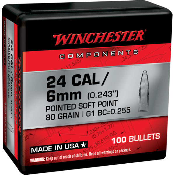 Winchester 243 Caliber, 6mm (.243 Diameter) Bullets 80 grain Pointed Soft Point Box of 10
