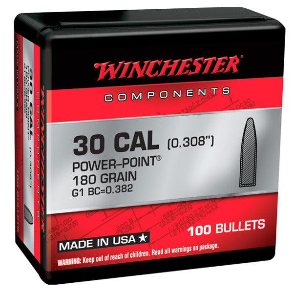 Winchester Power Point 30 Caliber (.308 Diameter) Bullets 180 grain Soft Point Box of 10