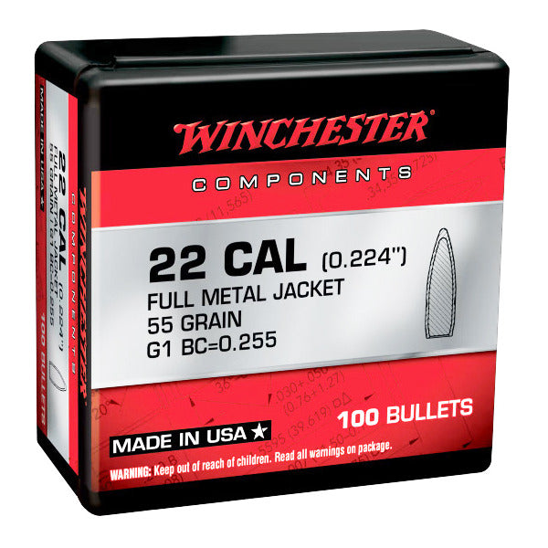 Winchester 22 Caliber (.224 Diameter) Bullets 55 grain Full Metal Jacket Box of 10