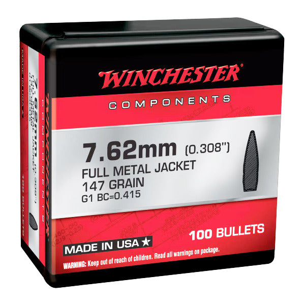 Winchester 30 Caliber (.308 Diameter) Bullets 147 grain Full Metal Jacket Boat Tail Box of 10