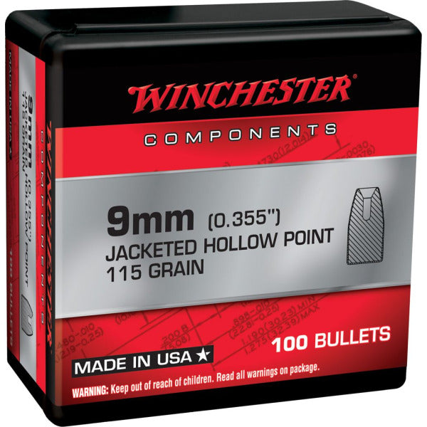 Winchester 9mm (.355 Diameter) Bullets 115 grain Jacketed Hollow Point Box of 10