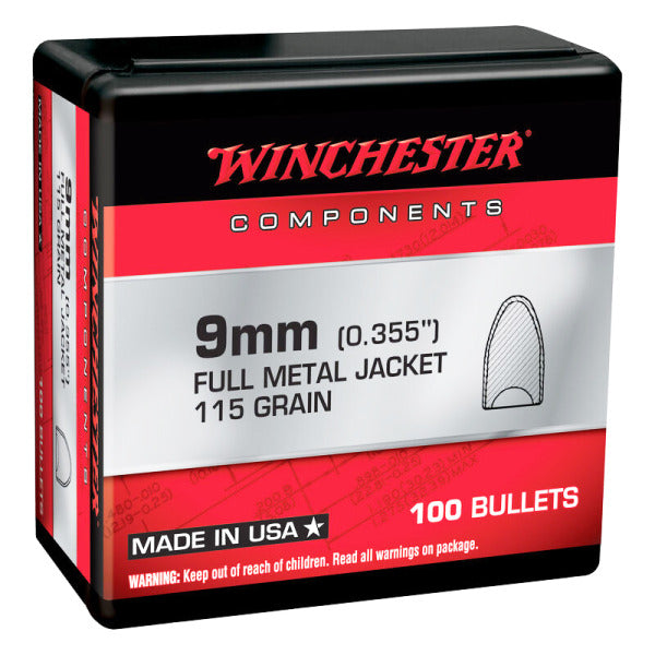 Winchester Hollow Base 9mm (.355 Diameter) Bullets 115 grain Full Metal Jacket Box of 10