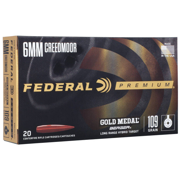Federal Premium Gold Medal 6mm Creedmoor Ammunition 109 Grain Berger Hybrid Target Jacketed Hollow Point Box of 20
