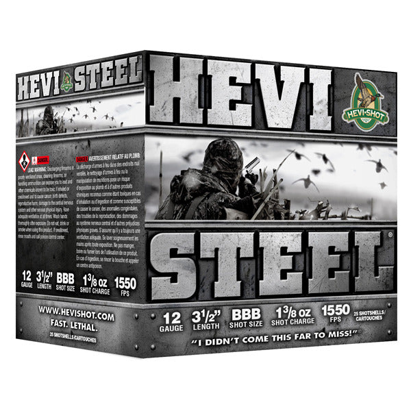 Hevi-Shot Hevi-Steel 12 Gauge Ammunition 3-1/2" #BBB 1-3/8 oz 1550 fps Steel Steel Shot Box of 25
