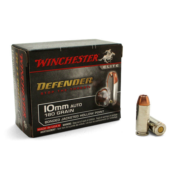 Winchester Defender 10mm Auto Ammunition 180 Grain Jacketed Hollow Point Box of 20
