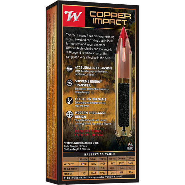 Winchester Power Point 350 Legend Ammunition 150 Grain Copper Impact Copper Impact Polymer Tip Box of 20