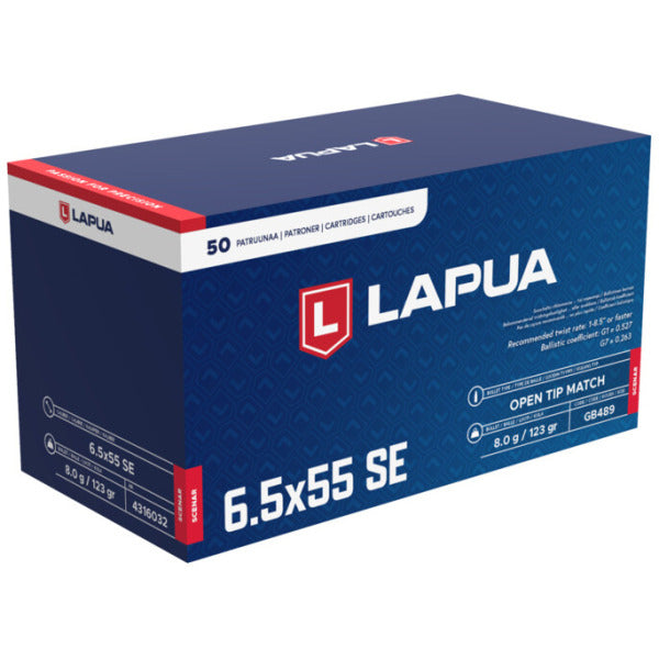 Lapua 6.5x55mm Ammunition 123 Grain Scenar Open Tip Match Box of 50