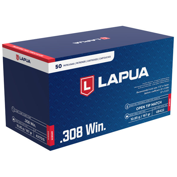 Lapua 308 Winchester Ammunition 167 Grain Scenar Open Tip Match Box of 50
