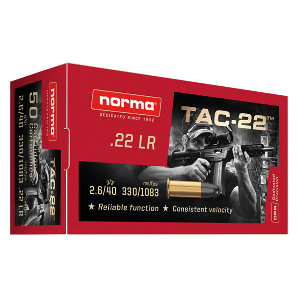 Norma TAC-22 22 Long Rifle Ammunition 40 Grain Lead Round Nose Box of 50